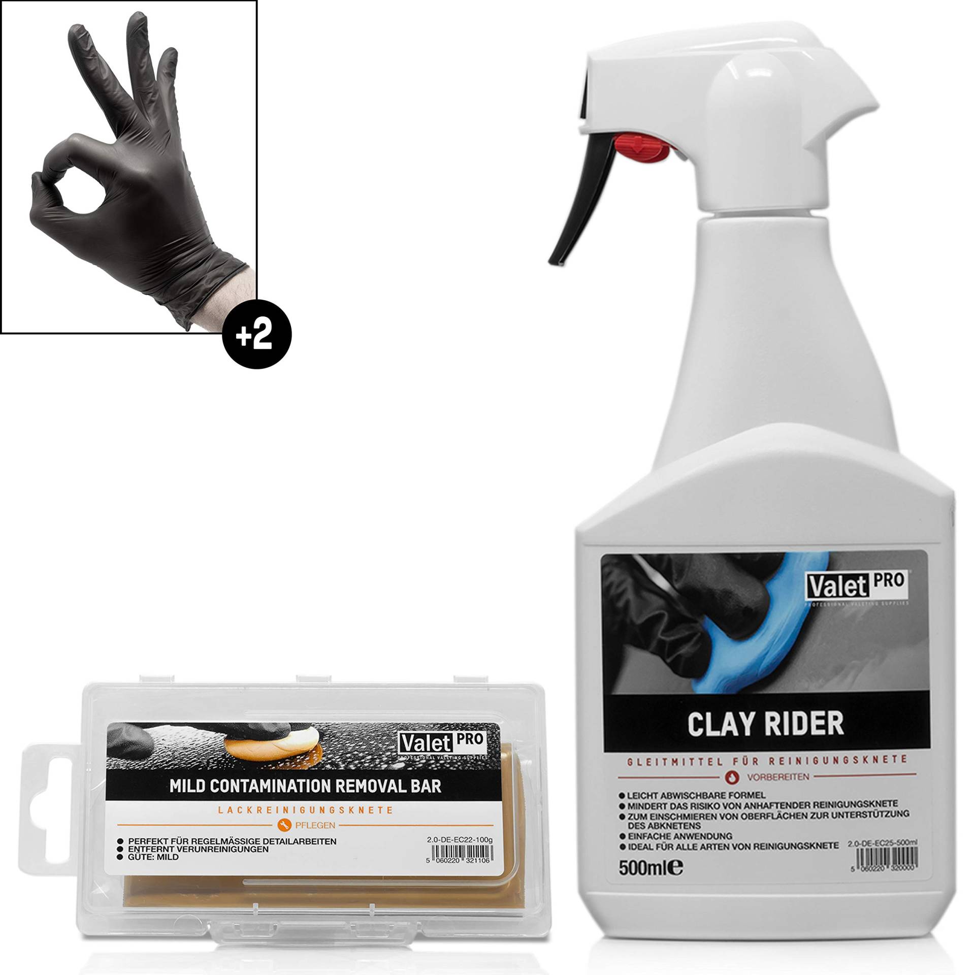 detailmate ValetPRO Reinigunsknete Gleitmittel Set zur schonenden Lackreinigung Auto : Clay Rider - Sprühflasche - 500 ml - Gleitmittel + Reinigunsknete orange mild- Clay - 100g + Schutzhandschuhe von detailmate