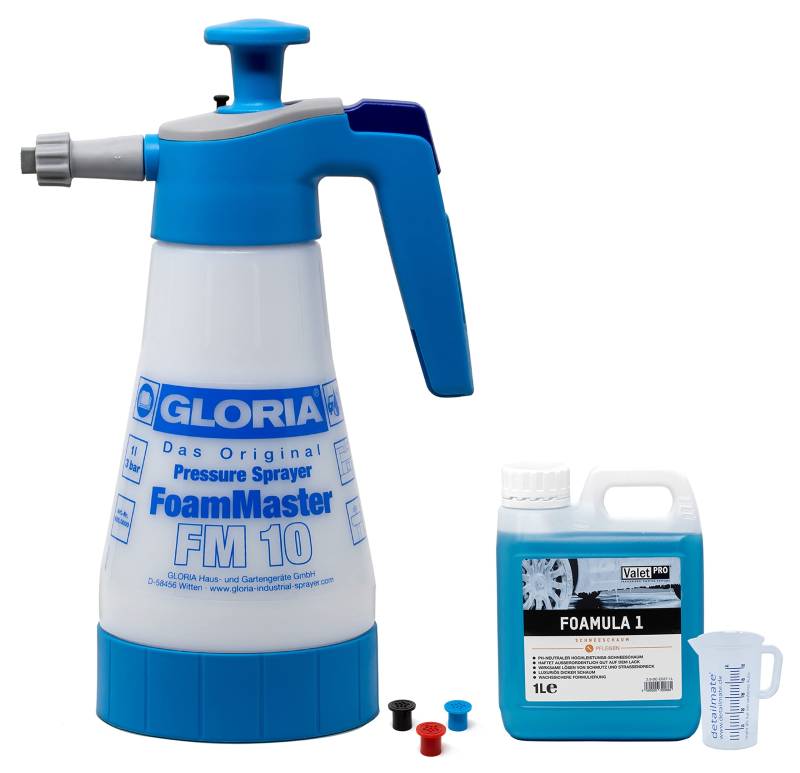 detailmate Vorwäsche Set: ValetPRO Foamula 1 (1L) - Snow Foam + Gloria Foammaster FM 10-1L + 50ml Messbecher von detailmate