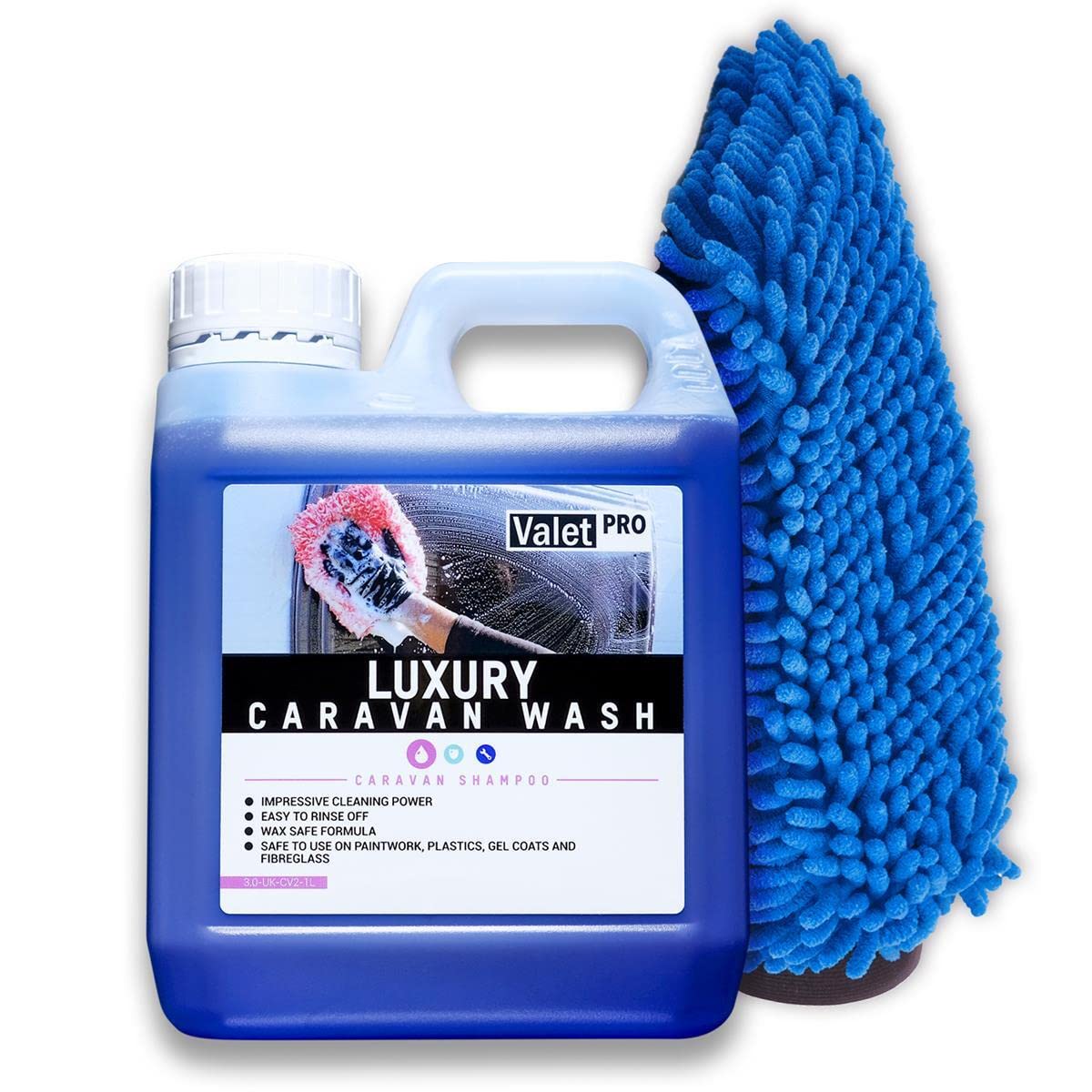 detailmate Wohnmobil Waschbundle: ValetPro Luxury Caravan Wash 1 Liter + Nuke Guys Waschhandschuh dunkelblau - Wohnmobil Shampoo, Set zur Caravan- und Wohnmobil-Reinigung und Pflege von detailmate