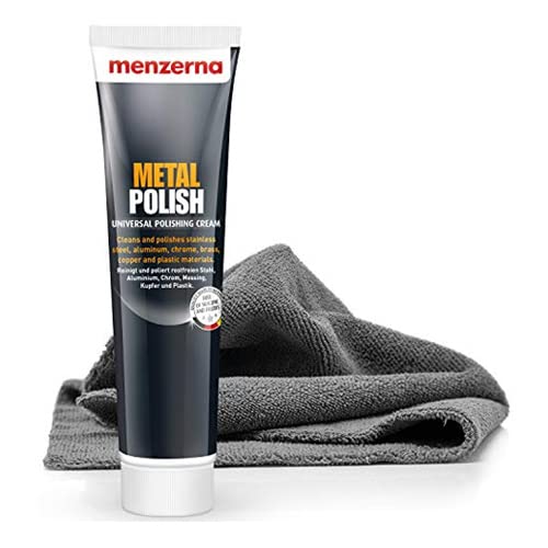 detailmate: Menzerna Metal Polish - 125 gr Tube - reinigt Edelstahl, Aluminium, Chrom, Kupfer, Silber, Kunststoff - verleiht Auspuff, Kühlergrill, Zierleisten perfekten Glanz + Mikrofaser Poliertuch von detailmate