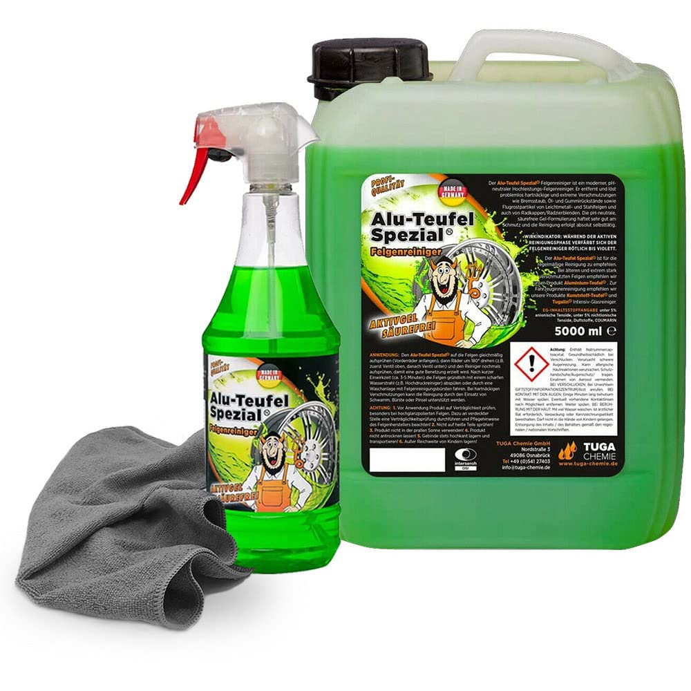 detailzone Felgenreiniger Set: 1x TUGA Alu Teufel Spezial grün 5 Liter + 1 Liter + 1x Microfasertuch 40x40 cm grau von detailzone