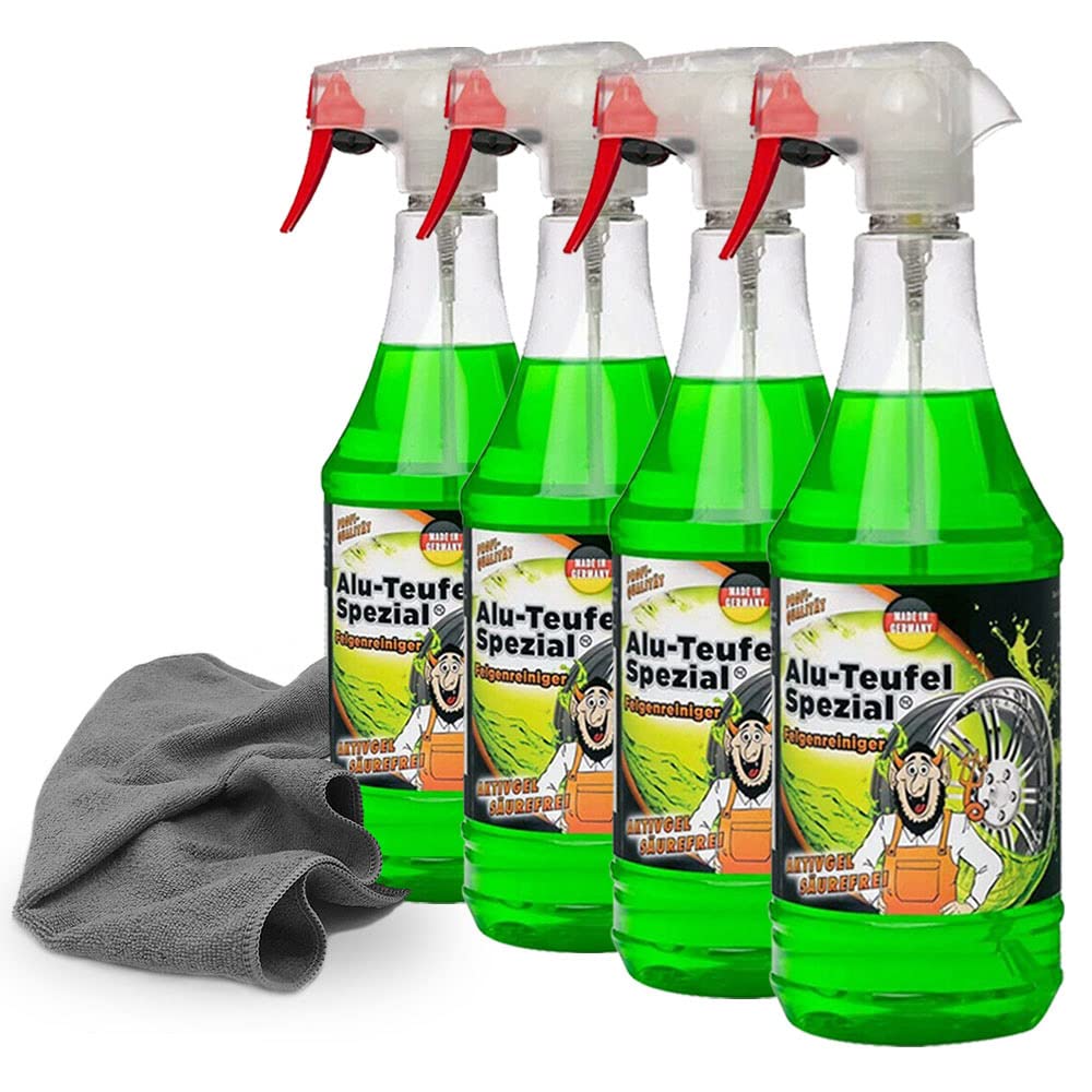 detailzone Felgenreiniger Set: 4X TUGA Alu Teufel Spezial grün 1 Liter + 1x Microfasertuch 40x40 cm grau von detailzone