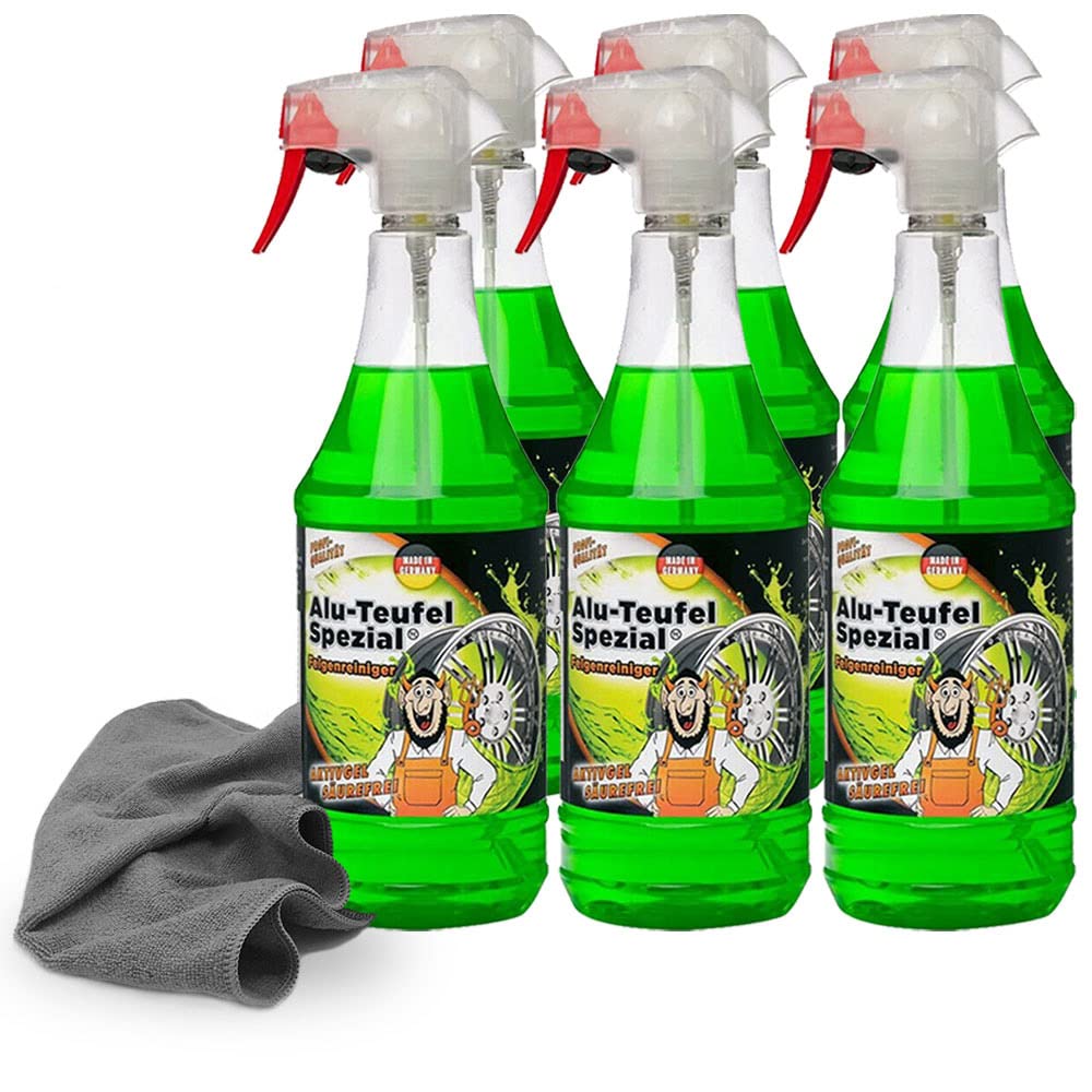 detailzone Felgenreiniger Set: 6X TUGA Alu Teufel Spezial grün 1 Liter + 1x Microfasertuch 40x40 cm grau von detailzone