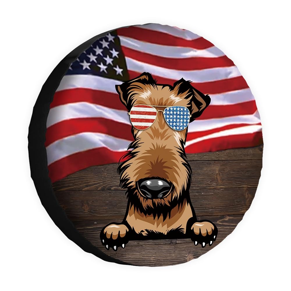 Airedale Hunde-Ersatzreifenabdeckung, amerikanische Flagge, USA-Flagge, Radschutz, Abdeckung, 40,6 cm, universell für Anhänger, Wohnmobil, SUV, LKW, Wohnmobil, Reiseanhänger von dfjdhegj