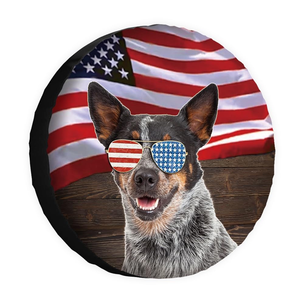 Amerikanische Flagge, Hunde-Ersatzreifenabdeckung, australische Rinder-Sonnenbrille, feiert Unabhängigkeitstag, Radschutz, 35,6 cm, für Wohnmobil, SUV, LKW, Wohnmobil, Reiseanhänger von dfjdhegj