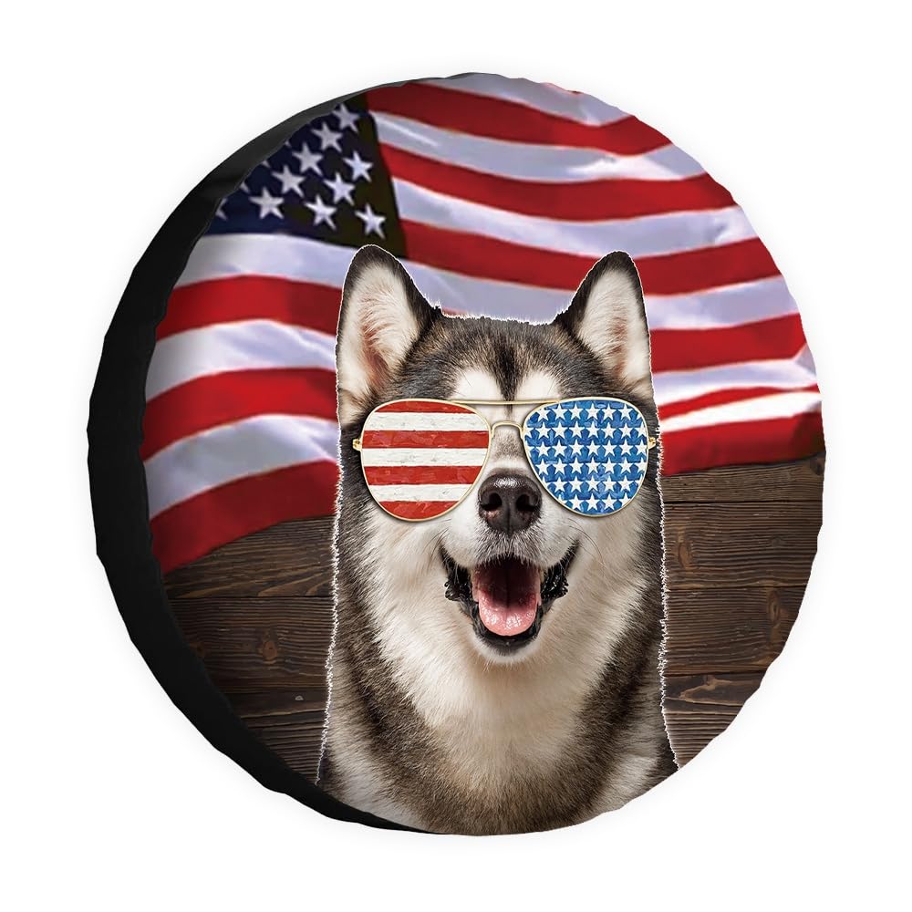 Amerikanische Flagge Hund Ersatzreifen Abdeckung Alaskan Malmute Sonnenbrille Feiern Unabhängigkeitstag Radschutz Abdeckungen Proof 43,2 cm für Wohnmobile, SUV, LKW, Camper, Reiseanhänger von dfjdhegj