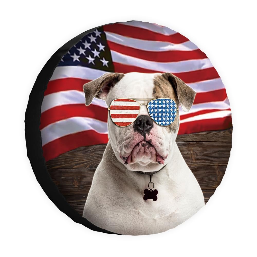 Amerikanische Flagge Hund Reserverad Abdeckung Hund American Bulldog Sonnenbrille Feiern Unabhängigkeit Tag Radschutz Abdeckungen Proof 35,6 cm für Wohnmobile, SUV, LKW, Camper, Reiseanhänger von dfjdhegj