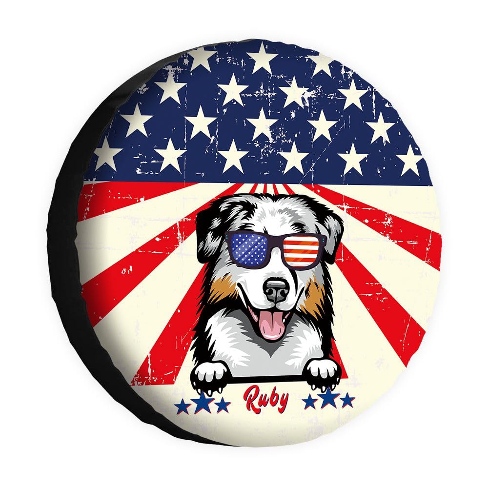 Funny Australian Shepherd Spare Tire Cover Retro American Flag Sunglasses Dog Wheel Protectors Covers 17 Inch Universal for Rv SUV Truck Camper Travel Trailer von dfjdhegj