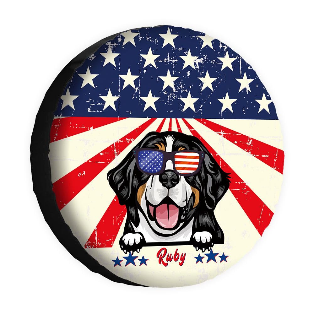 Funny Berner Mountain Ersatzreifenabdeckung, Retro, amerikanische Flagge, Sonnenbrille, Hunde-Radschutz, Abdeckung, 40,6 cm, universell für Wohnmobil, SUV, LKW, Wohnmobil, Reiseanhänger von dfjdhegj