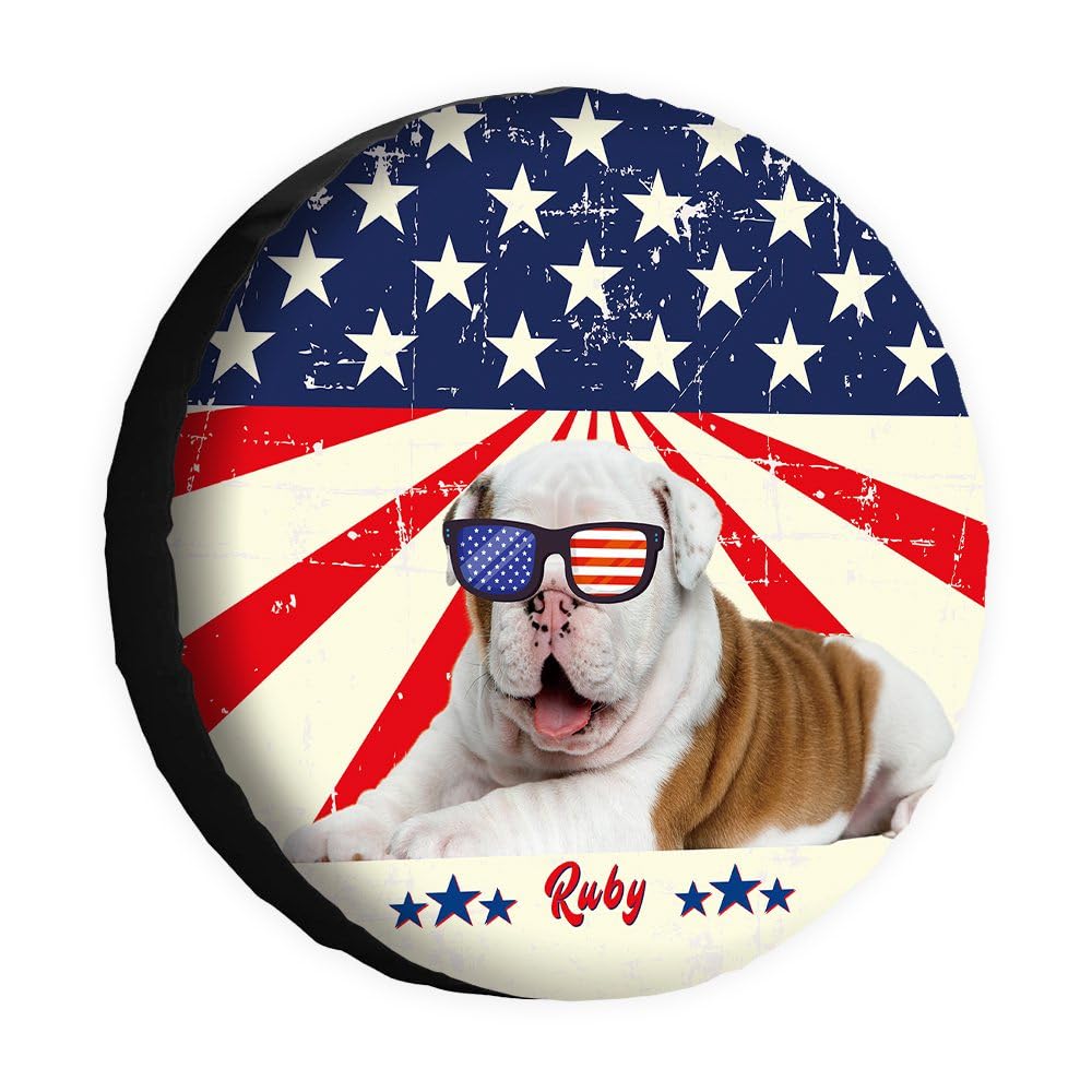 Funny Dog Spare Tire Cover Retro American Flag Sunglasses Cute English Bulldog Puppy Wheel Protectors Covers 16 Inch Universal for Rv SUV Truck Camper Travel Trailer von dfjdhegj