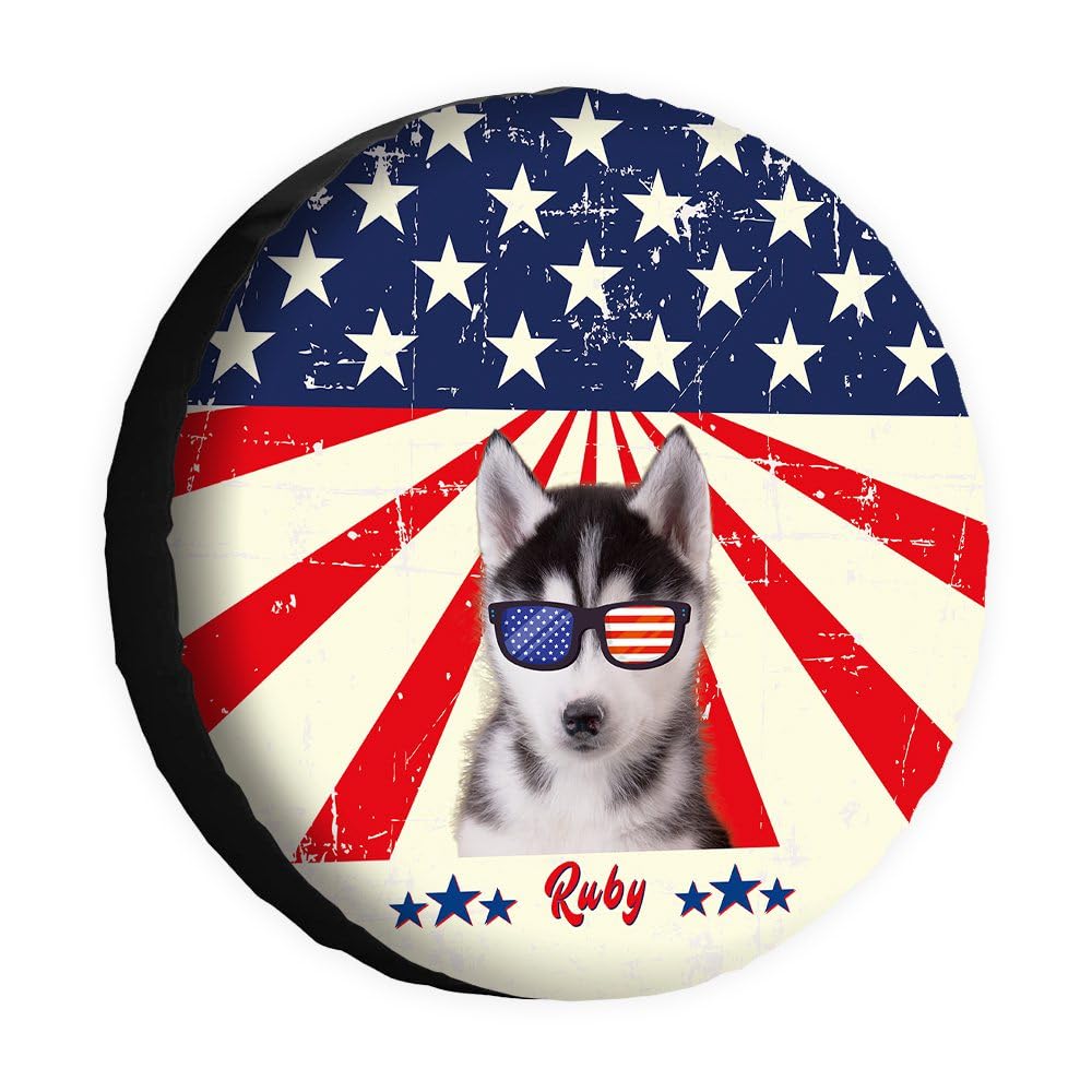 Funny Dog Spare Tire Cover Retro American Flag Sunglasses Lovely Husky Wheel Protectors Covers 16 Inch Universal for Rv SUV Truck Camper Travel Trailer von dfjdhegj