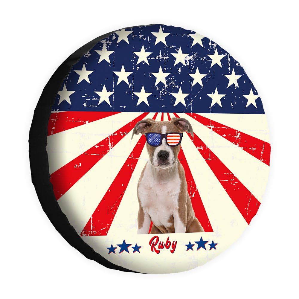 Funny Dog Spare Tire Cover Retro American Flag Sunglasses Puppy American Staffordshire Terrier Wheel Protectors Covers 14 Inch Universal for Rv SUV Truck Camper Travel Trailer von dfjdhegj