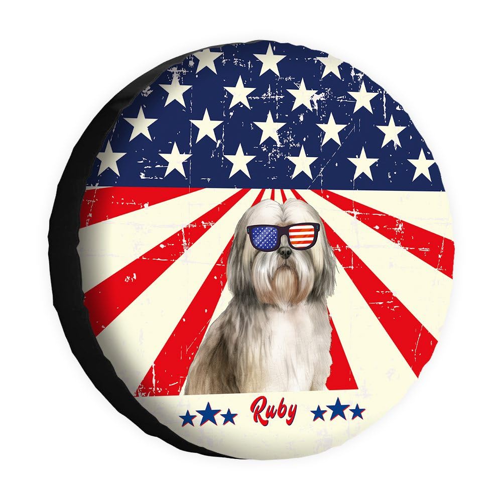 Funny Lhasa Apso Dog Spare Tire Cover Retro American Flag Sunglasses Watercolor Dog Wheel Protectors Covers 17 Inch Universal for Rv SUV Truck Camper Travel Trailer von dfjdhegj