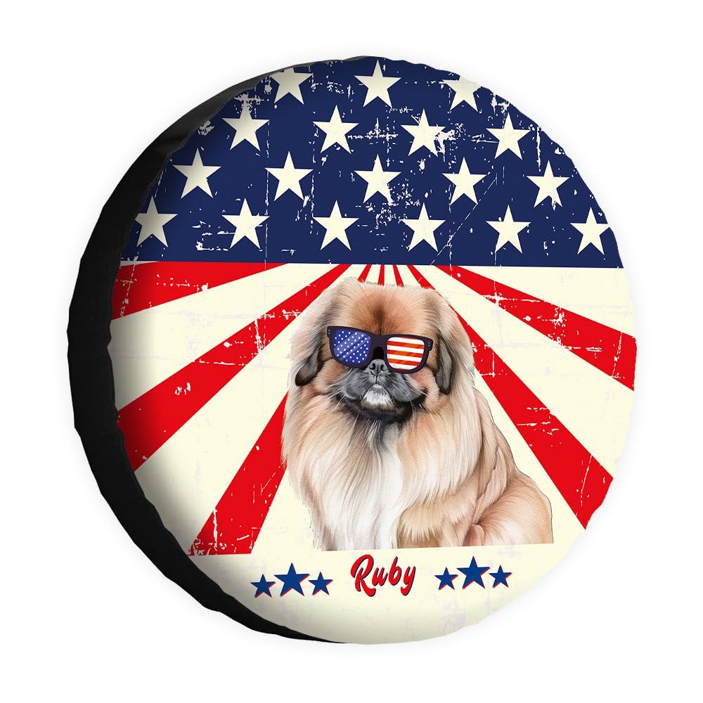 Funny Pekinese Dog Spare Tire Cover Retro American Flag Sunglasses Watercolor Dog Wheel Protectors Covers 17 Inch Universal for Rv SUV Truck Camper Travel Trailer von dfjdhegj