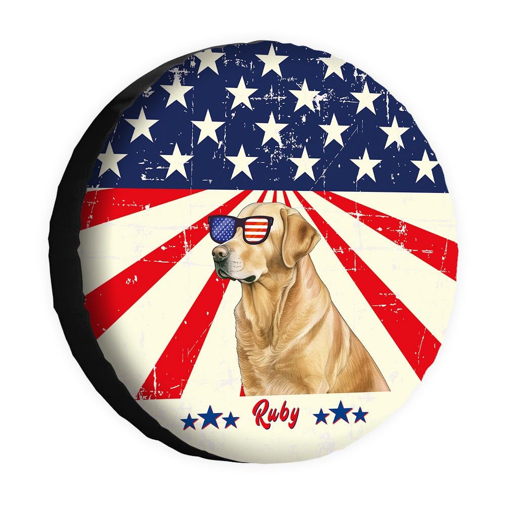 Funny Retriever Hunde-Ersatzreifenabdeckung, Retro-amerikanische Flagge, Sonnenbrille, Aquarell, Hunde-Radschutz, 35,6 cm, universell für Wohnmobil, SUV, LKW, Wohnmobil, Reiseanhänger von dfjdhegj