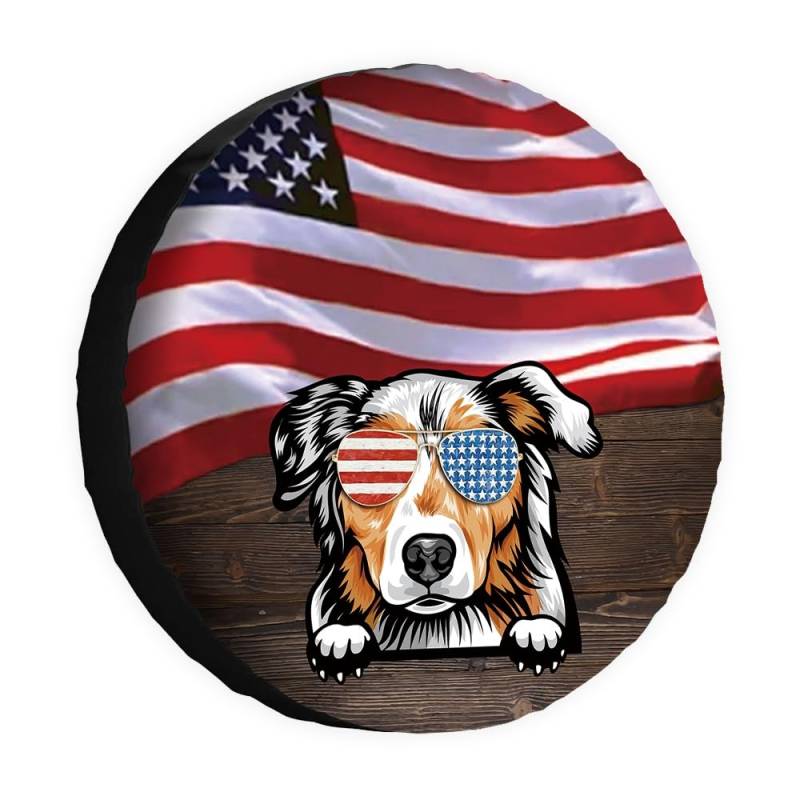 Hunde-Ersatzreifenabdeckung, Australischer Schäferhund, Sonnenbrille, amerikanische Flagge, USA-Flagge, Radschutz, 43,2 cm, universell für Anhänger, Wohnmobil, SUV, LKW, Wohnmobil, Reiseanhänger von dfjdhegj