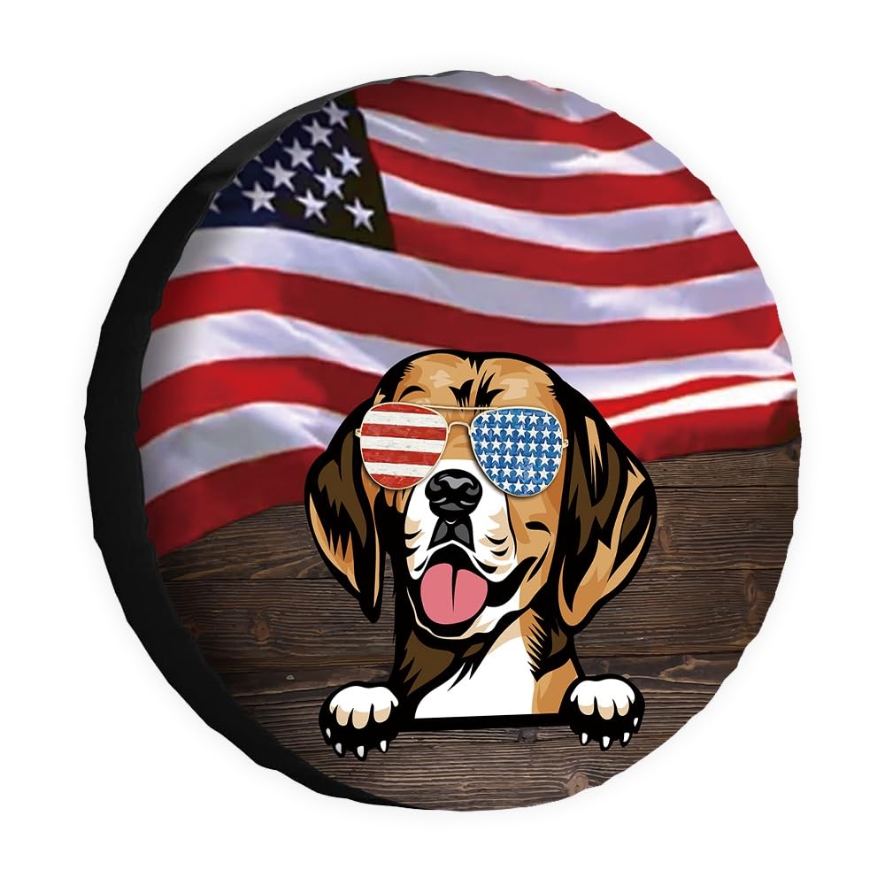 Hunde-Ersatzreifenabdeckung, Beagle, Sonnenbrille, amerikanische Flagge, USA, Radschutz, 43,2 cm, universell für Anhänger, Wohnmobil, SUV, LKW, Wohnmobil, Reiseanhänger von dfjdhegj