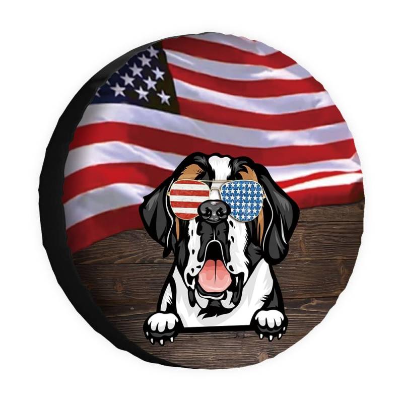 Hunde-Ersatzreifenabdeckung, Bernhardiner, Sonnenbrille, amerikanische Flagge, USA, Radschutz, 40,6 cm, universell für Anhänger, Wohnmobil, SUV, LKW, Wohnmobil, Reiseanhänger von dfjdhegj