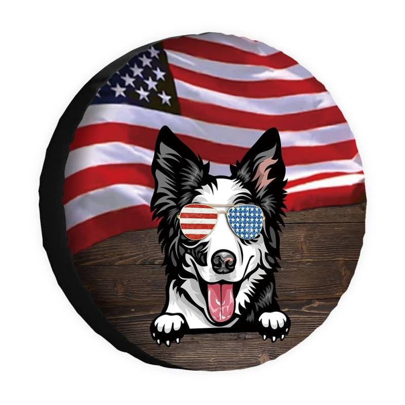 Hunde-Ersatzreifenabdeckung, Border Collie, Sonnenbrille, amerikanische Flagge, USA, Radschutz, 35,6 cm, universell für Anhänger, Wohnmobil, SUV, LKW, Wohnmobil, Reiseanhänger von dfjdhegj