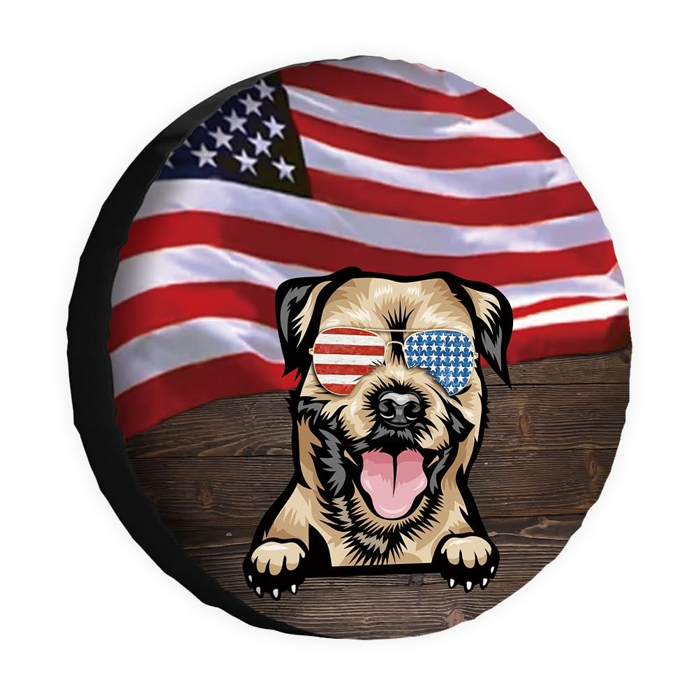 Hunde-Ersatzreifenabdeckung, Border Terrier, Sonnenbrille, amerikanische Flagge, USA, Radschutz, 35,6 cm, universell für Anhänger, Wohnmobil, SUV, LKW, Wohnmobil, Reiseanhänger von dfjdhegj