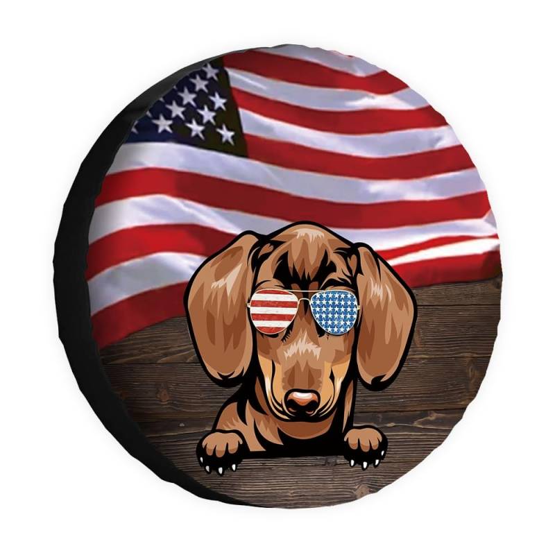 Hunde-Ersatzreifenabdeckung, Dackel, Sonnenbrille, amerikanische Flagge, USA, Radschutz, 43,2 cm, universell für Anhänger, Wohnmobil, SUV, LKW, Wohnmobil, Reiseanhänger von dfjdhegj