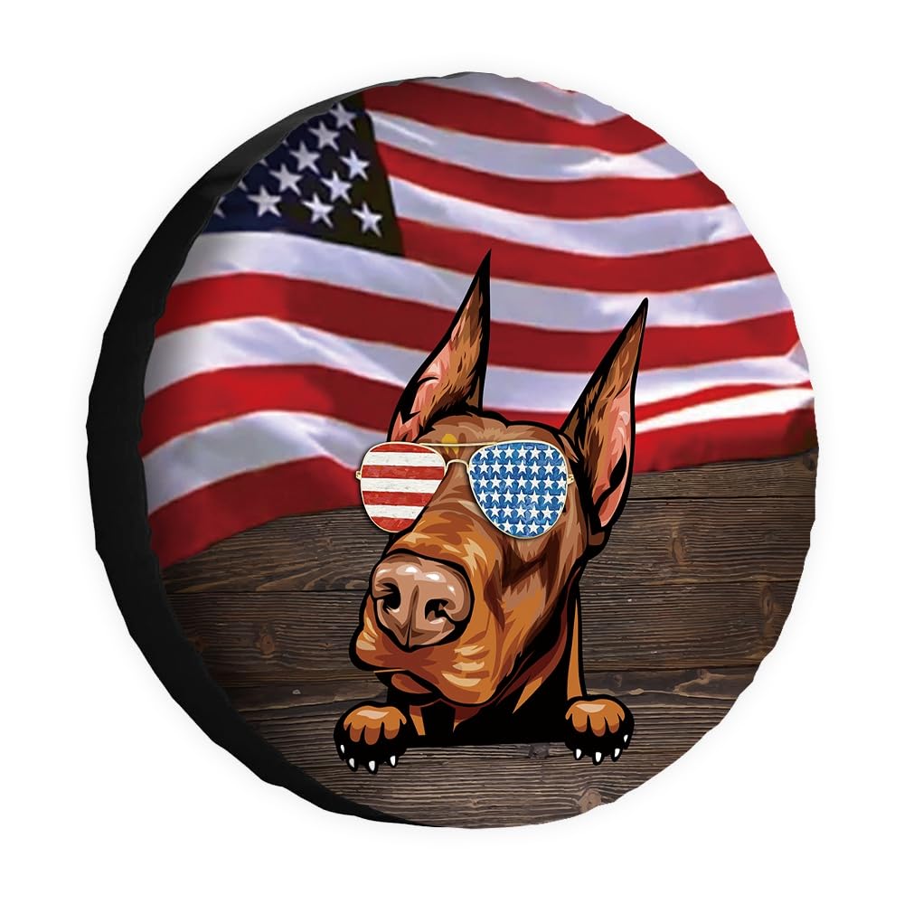 Hunde-Ersatzreifenabdeckung, Dobermann-Sonnenbrille, amerikanische Flagge, USA, Radschutz, 38,1 cm, universell für Anhänger, Wohnmobil, SUV, LKW, Wohnmobil, Reiseanhänger von dfjdhegj