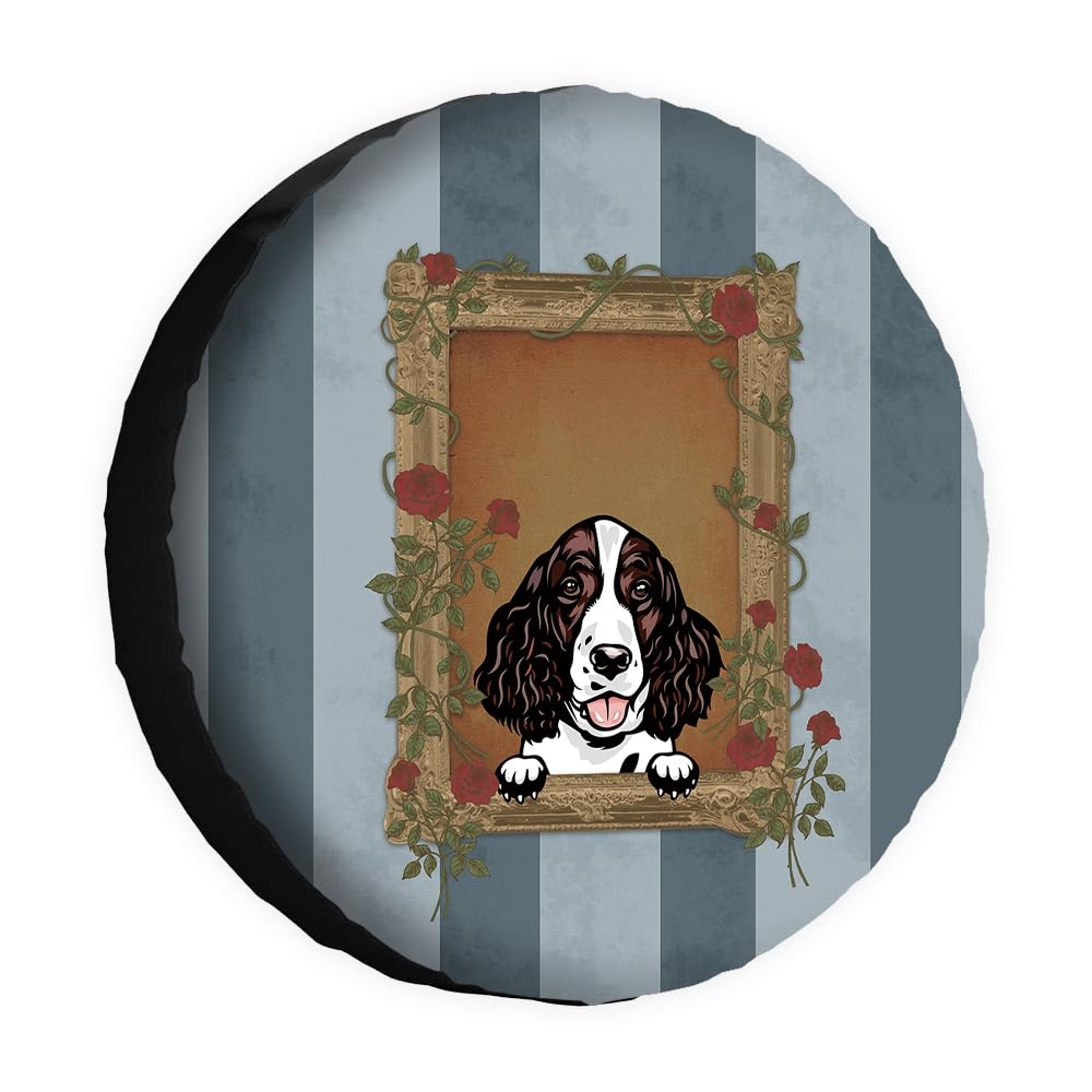 Hunde-Ersatzreifenabdeckung, Englischer Springer Spaniel, Vintage, Rose e Blue Stripes, Radschoner, Abdeckungen 38,1 cm, universell für Anhänger, Wohnmobil, SUV, LKW, Wohnmobil, Reiseanhänger von dfjdhegj