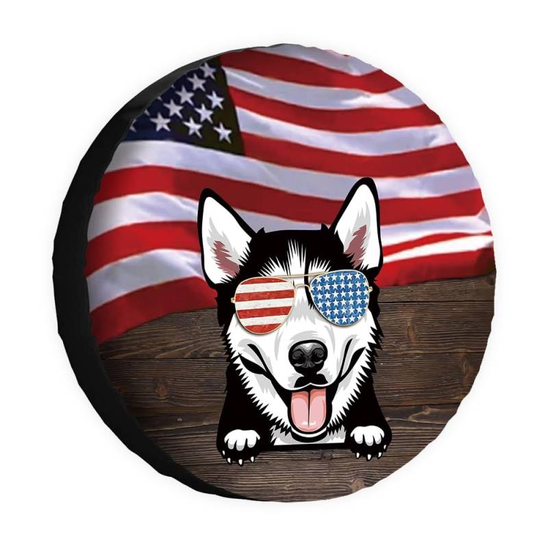 Hunde-Ersatzreifenabdeckung, Husky-Sonnenbrille, amerikanische Flagge, USA, Radschutz, 43,2 cm, universell für Anhänger, Wohnmobil, SUV, LKW, Wohnmobil, Reiseanhänger von dfjdhegj