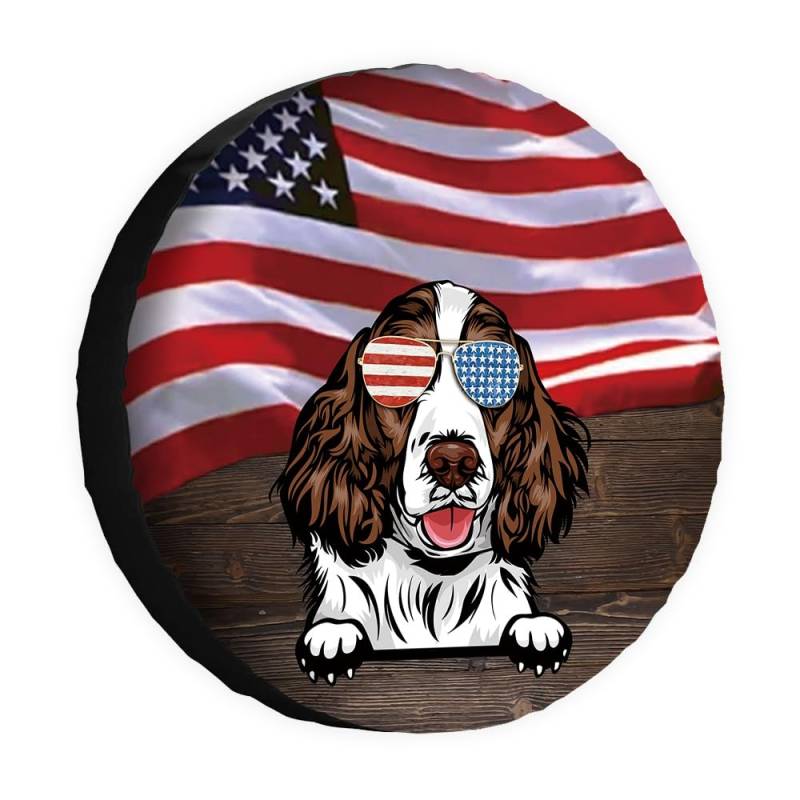 Hunde-Ersatzreifenabdeckung, Motiv: Englische Springer Spaniel, Sonnenbrille, amerikanische Flagge, USA, Radschutz, 43,2 cm, universell für Anhänger, Wohnmobil, SUV, LKW, Wohnmobil, Reiseanhänger von dfjdhegj