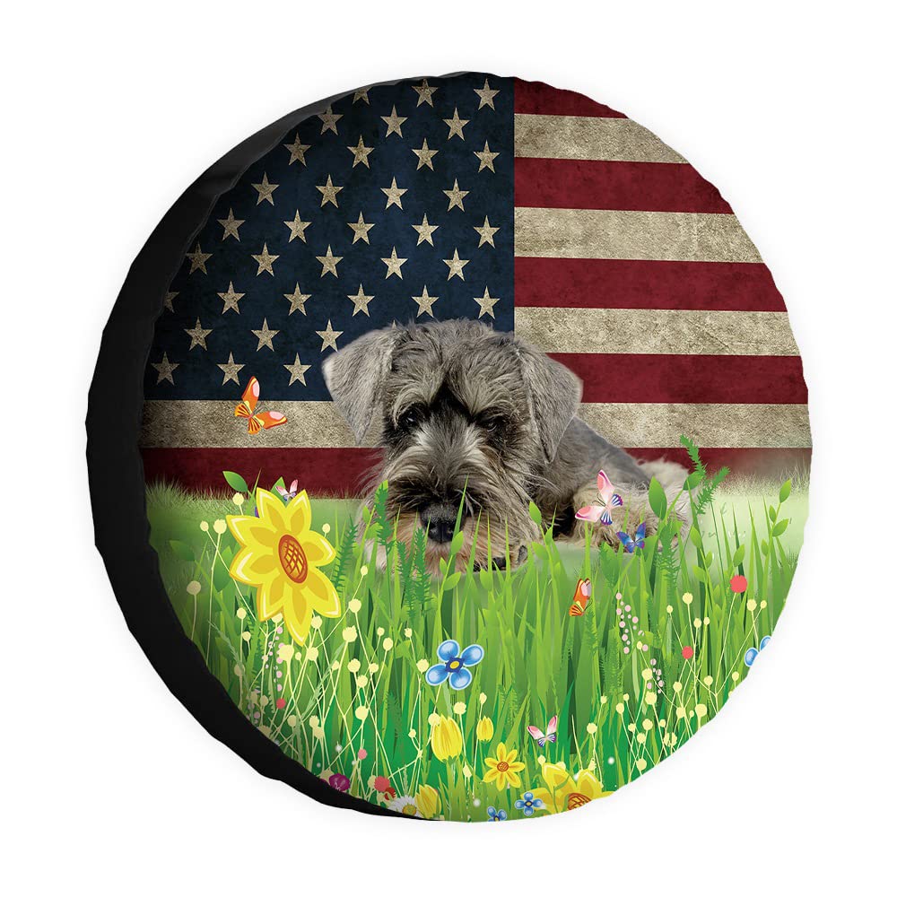 Hunde-Ersatzreifenabdeckung, Retro-amerikanische Flagge, Blumen, Gräser, niedlicher Schnauzer, Radschutz, 43,2 cm, Radabdeckungen, universell für Anhänger, Wohnmobil, SUV, LKW, Wohnmobil, von dfjdhegj