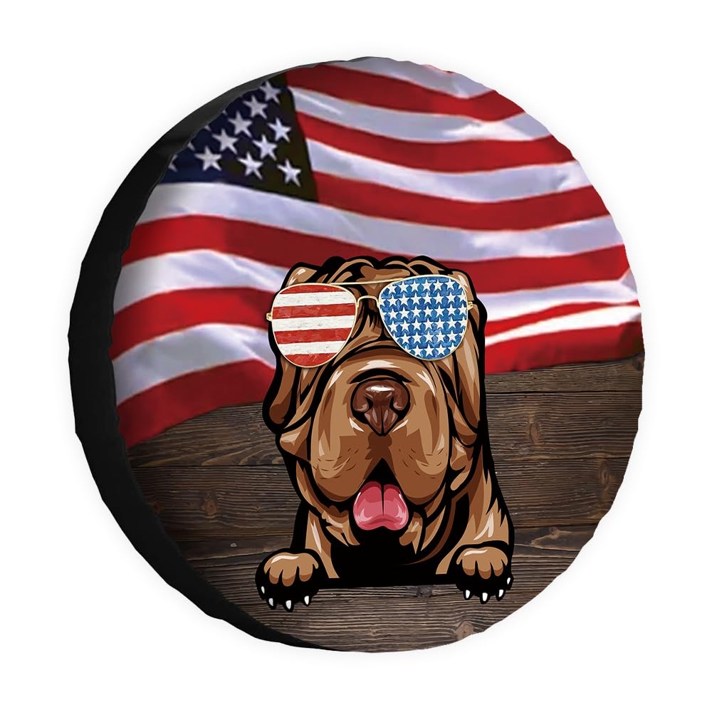 Hunde-Ersatzreifenabdeckung, Shar Pei Sonnenbrille, amerikanische Flagge, USA, Radschutz, 43,2 cm, universell für Anhänger, Wohnmobil, SUV, LKW, Wohnmobil, Reiseanhänger von dfjdhegj