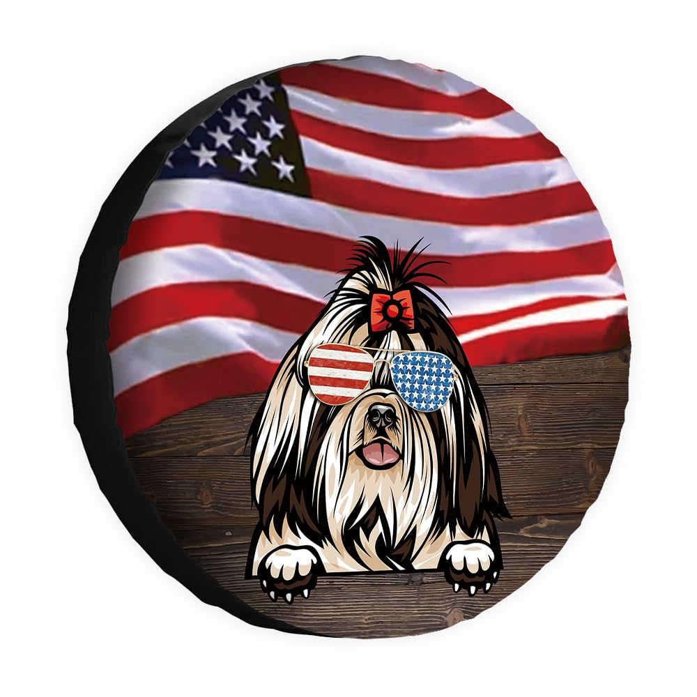 Hunde-Ersatzreifenabdeckung, Shih Tzu Sonnenbrille, amerikanische Flagge, USA, Radschutz, 38,1 cm, universell für Anhänger, Wohnmobil, SUV, LKW, Wohnmobil, Reiseanhänger von dfjdhegj