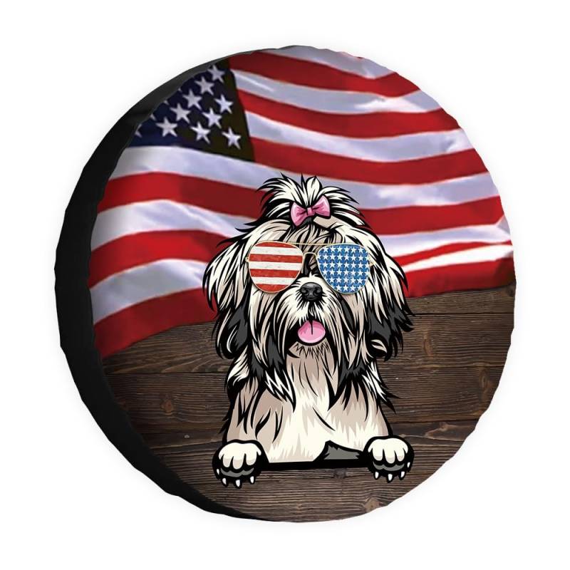 Hunde-Ersatzreifenabdeckung, Shih Tzu Sonnenbrille, amerikanische Flagge, USA, Radschutz, 40,6 cm, universell für Anhänger, Wohnmobil, SUV, LKW, Wohnmobil, Reiseanhänger von dfjdhegj