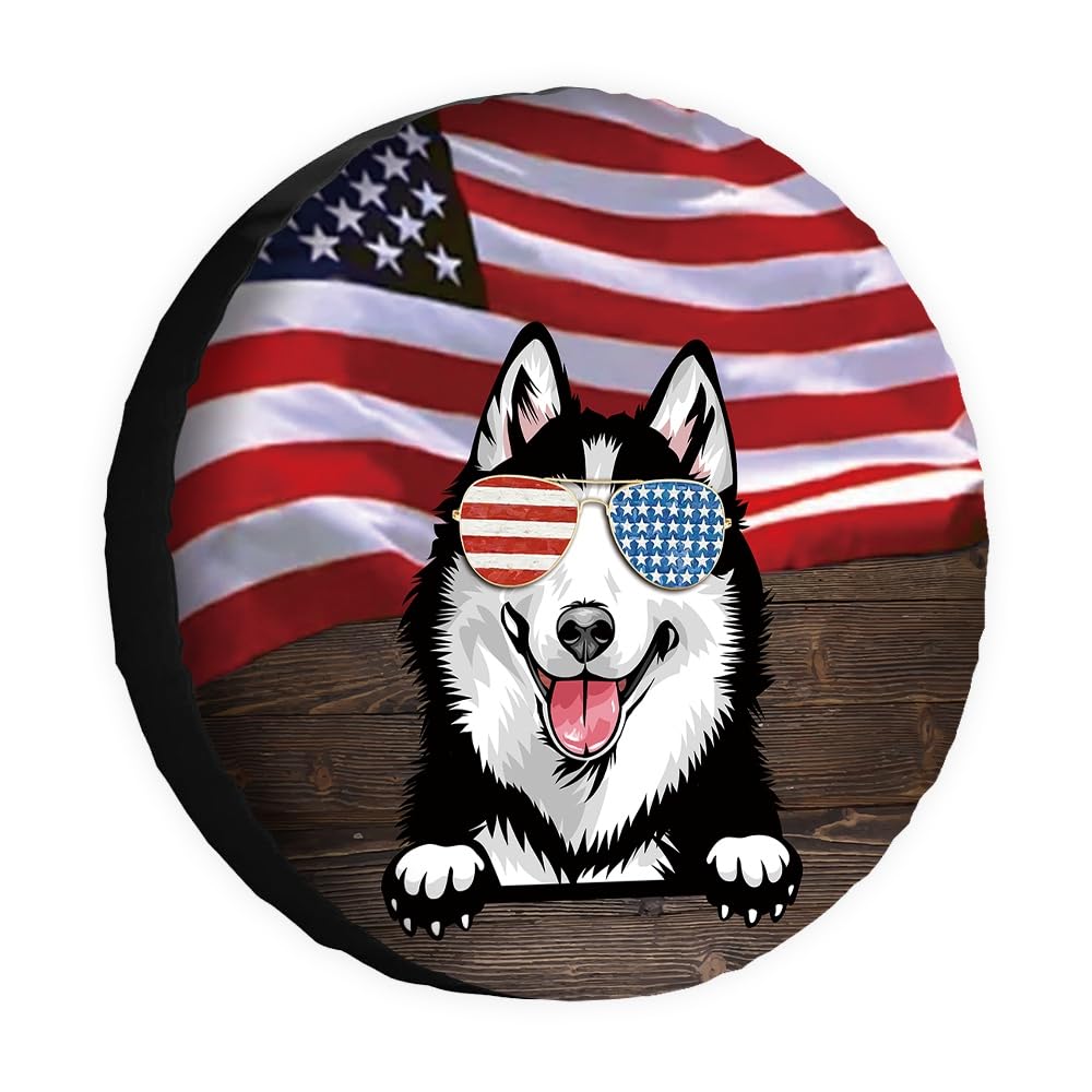 Hunde-Ersatzreifenabdeckung, Sibirischer Husky, Sonnenbrille, amerikanische Flagge, USA, Radschutz, 35,6 cm, universell für Anhänger, Wohnmobil, SUV, LKW, Wohnmobil, Reiseanhänger von dfjdhegj