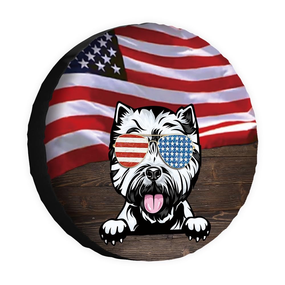 Hunde-Ersatzreifenabdeckung, West Highland Terrier, Sonnenbrille, amerikanische Flagge, USA, Radschutz, 38,1 cm, universell für Anhänger, Wohnmobil, SUV, LKW, Wohnmobil, Reiseanhänger von dfjdhegj