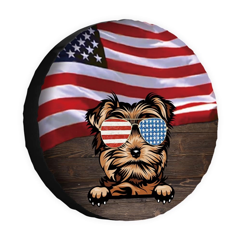 Hunde-Ersatzreifenabdeckung, Yorkie-Sonnenbrille, amerikanische Flagge, USA, Radschutz, 35,6 cm, universell für Anhänger, Wohnmobil, SUV, LKW, Wohnmobil, Reiseanhänger von dfjdhegj