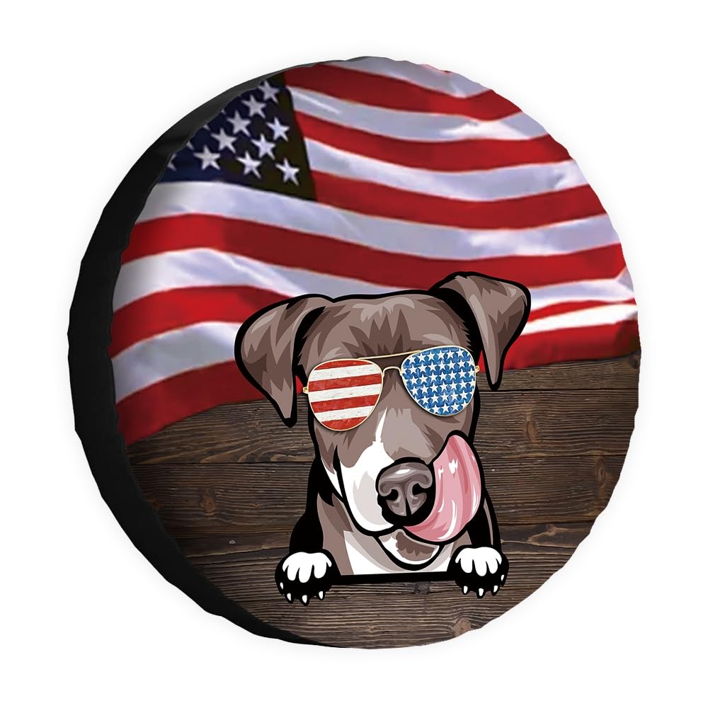 Hunde-Ersatzreifenabdeckung, niedliche Bull-Sonnenbrille, amerikanische Flagge, USA, Radschutz, 38,1 cm, universell für Anhänger, Wohnmobil, SUV, LKW, Wohnmobil, Reiseanhänger von dfjdhegj