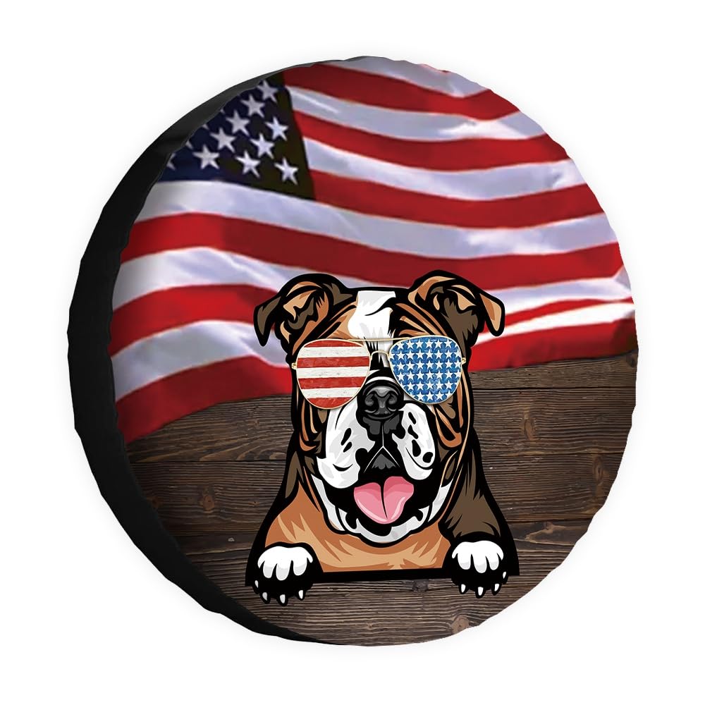 Hunde-Ersatzreifenabdeckung, niedliche englische Bulldogge, Sonnenbrille, amerikanische Flagge, USA, Radschutz, 43,2 cm, universell für Anhänger, Wohnmobil, SUV, LKW, Wohnmobil, Reiseanhänger von dfjdhegj