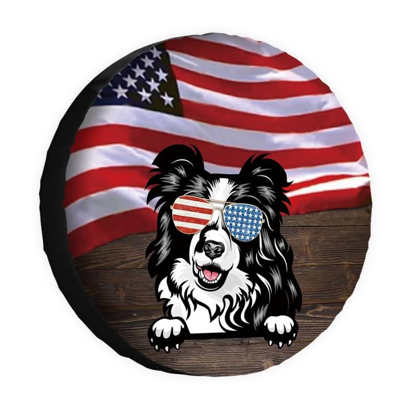 Hunde-Ersatzreifenabdeckung, schöne Border Collie, Sonnenbrille, amerikanische Flagge, USA, Radschutz, 38,1 cm, universell für Anhänger, Wohnmobil, SUV, LKW, Wohnmobil, Reiseanhänger von dfjdhegj