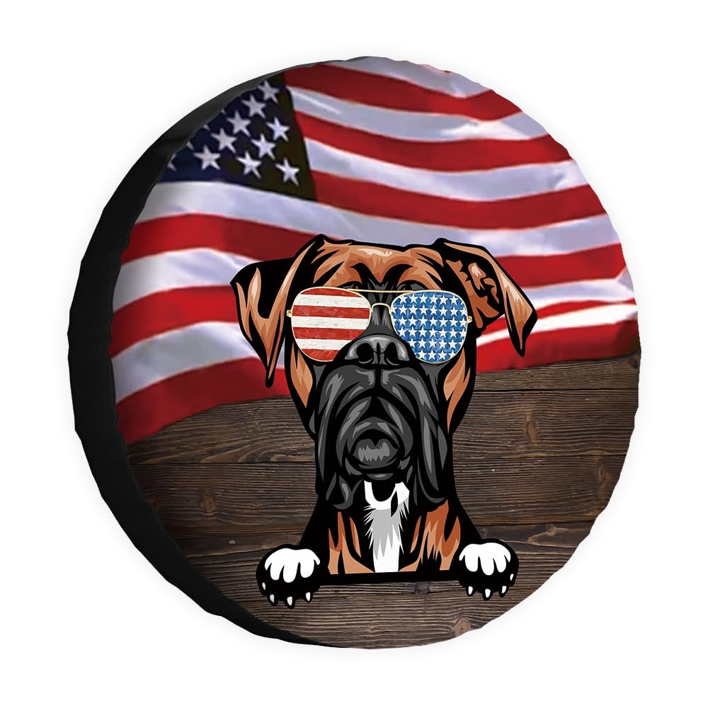 Hunde-Ersatzreifenabdeckung, schöne Boxer-Sonnenbrille, amerikanische Flagge, USA-Flagge, Radschutz, 35,6 cm, universell für Anhänger, Wohnmobil, SUV, LKW, Wohnmobil, Reiseanhänger von dfjdhegj