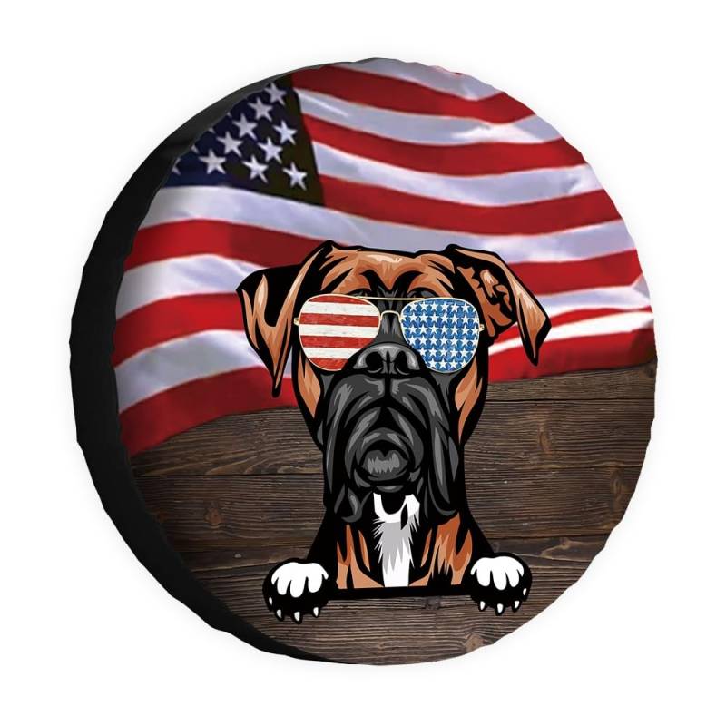 Hunde-Ersatzreifenabdeckung, schöne Boxer-Sonnenbrille, amerikanische Flagge, USA-Flagge, Radschutz, 43,2 cm, universell für Anhänger, Wohnmobil, SUV, LKW, Wohnmobil, Reiseanhänger von dfjdhegj