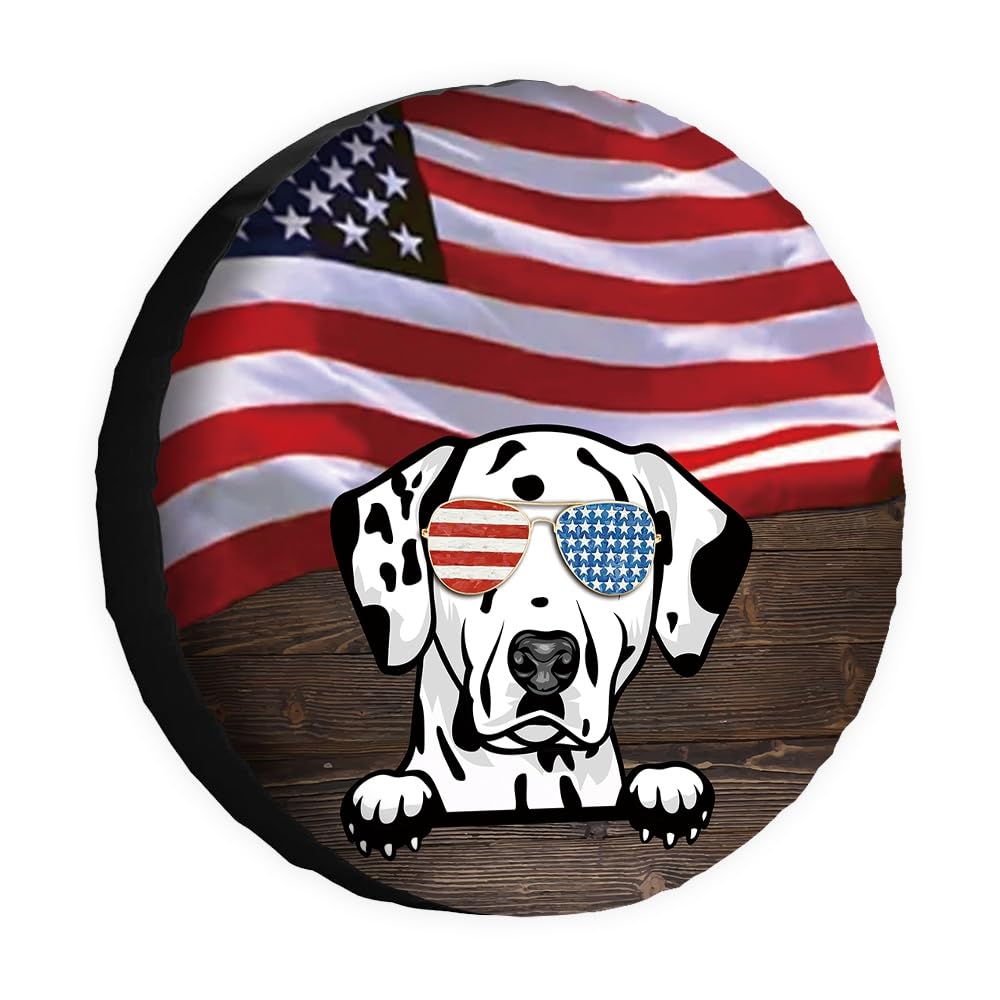 Hunde-Ersatzreifenabdeckung, schöne Dalmatiner-Sonnenbrille, amerikanische Flagge, USA, Radschutz, 35,6 cm, universell für Anhänger, Wohnmobil, SUV, LKW, Wohnmobil, Reiseanhänger von dfjdhegj