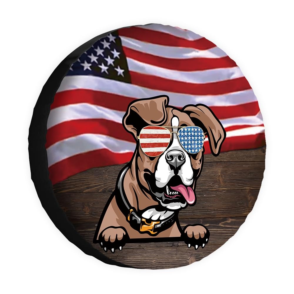 Hunde-Ersatzreifenabdeckung, treue Boxer-Sonnenbrille, amerikanische Flagge, USA-Flagge, Radschutz, 43,2 cm, universell für Anhänger, Wohnmobil, SUV, LKW, Wohnmobil, Reiseanhänger von dfjdhegj