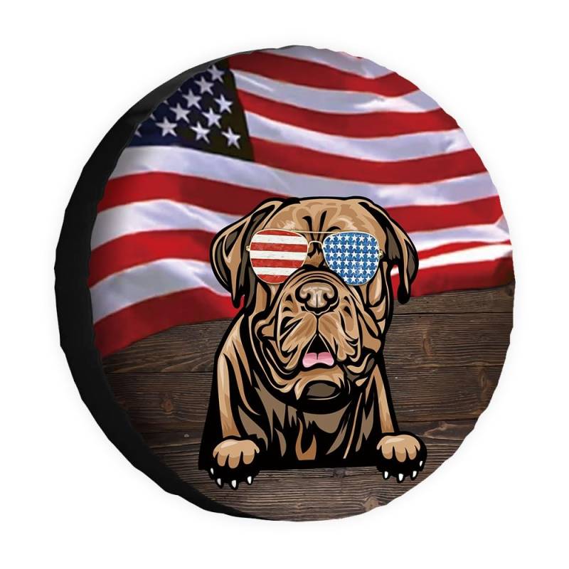 Hunde-Ersatzreifenabdeckung Dogue de Bordeaux Sonnenbrille Amerikanische Flagge USA Radschutz Abdeckungen Proof 43,2 cm Universal für Anhänger, Wohnmobil, SUV, LKW, Wohnmobil, Reiseanhänger von dfjdhegj