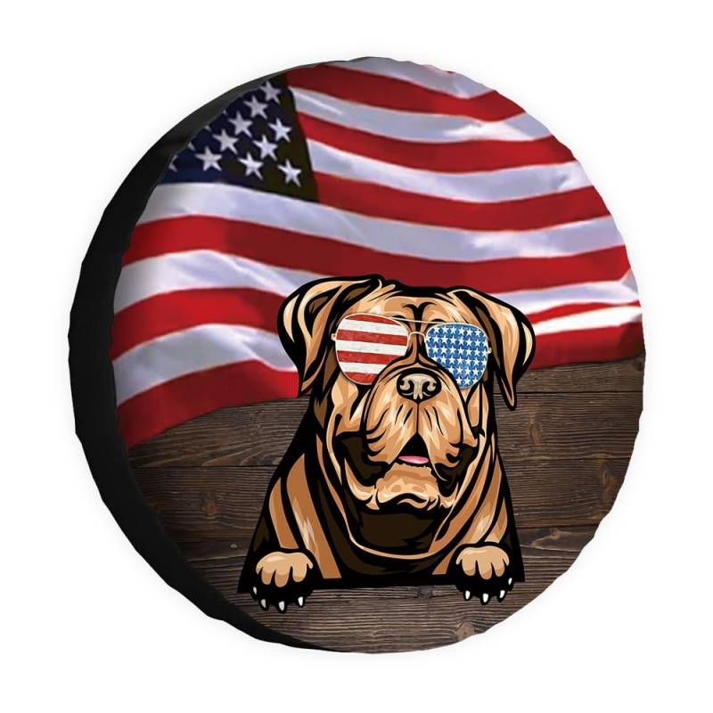 Hunde-Ersatzreifenabdeckung Dogue de Bordeauzx Sonnenbrille Amerikanische Flagge USA Radschutz Abdeckungen Proof 38,1 cm Universal für Anhänger, Wohnmobil, SUV, LKW, Wohnmobil, Reiseanhänger von dfjdhegj