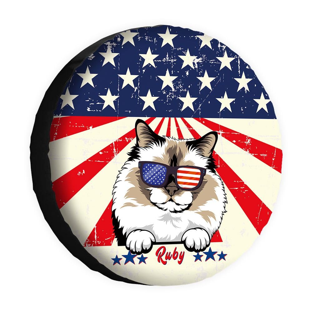 Lustige Birman-Reifenabdeckung, Retro-amerikanische Flagge, Sonnenbrille, Katze, Radschutz, 38,1 cm, universell für Wohnmobil, SUV, LKW, Wohnmobil, Reiseanhänger von dfjdhegj