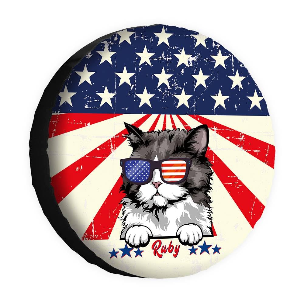 Lustige Selkirk Rex Reifenabdeckung, Retro-amerikanische Flagge, Sonnenbrille, Katze, Radschutz, 43,2 cm, universell für Wohnmobil, SUV, LKW, Wohnmobil, Reiseanhänger von dfjdhegj