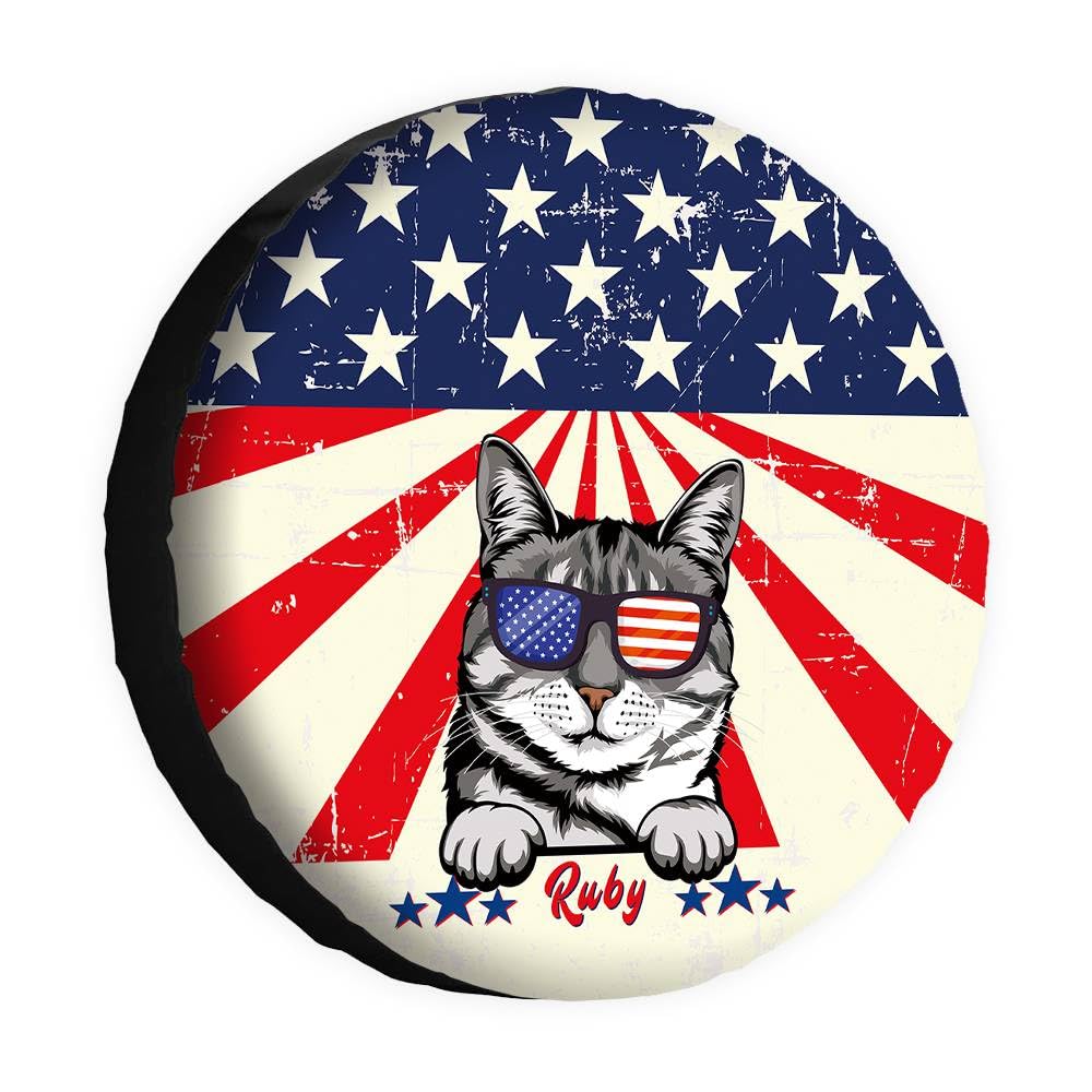 Lustige amerikanische Kurzhaar-Reifenabdeckung, Retro-amerikanische Flagge, Sonnenbrille, Katze, Radschutz, 40,6 cm, universell für Wohnmobil, SUV, LKW, Wohnmobil, Reiseanhänger von dfjdhegj