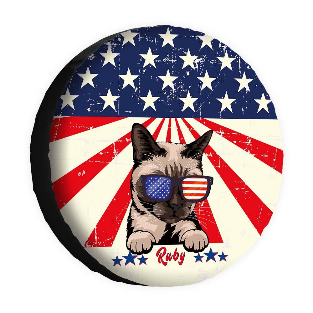 Lustige siamesische Ersatzreifenabdeckung, Retro-amerikanische Flagge, Sonnenbrille, Katze, Radschutz, Schutzabdeckungen 35,6 cm, universell für Wohnmobil, SUV, LKW, Wohnmobil, Reiseanhänger von dfjdhegj