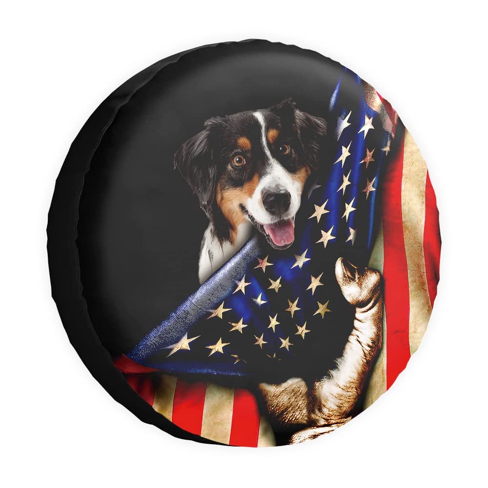 Reserveradabdeckung Hund Australian Shepherd Amerikanische Flagge US Radschutz Abdeckungen Wasserdicht 40,6 cm Radabdeckungen Universal für Anhänger, Wohnmobil, SUV, LKW, Camper, Reiseanhänger von dfjdhegj